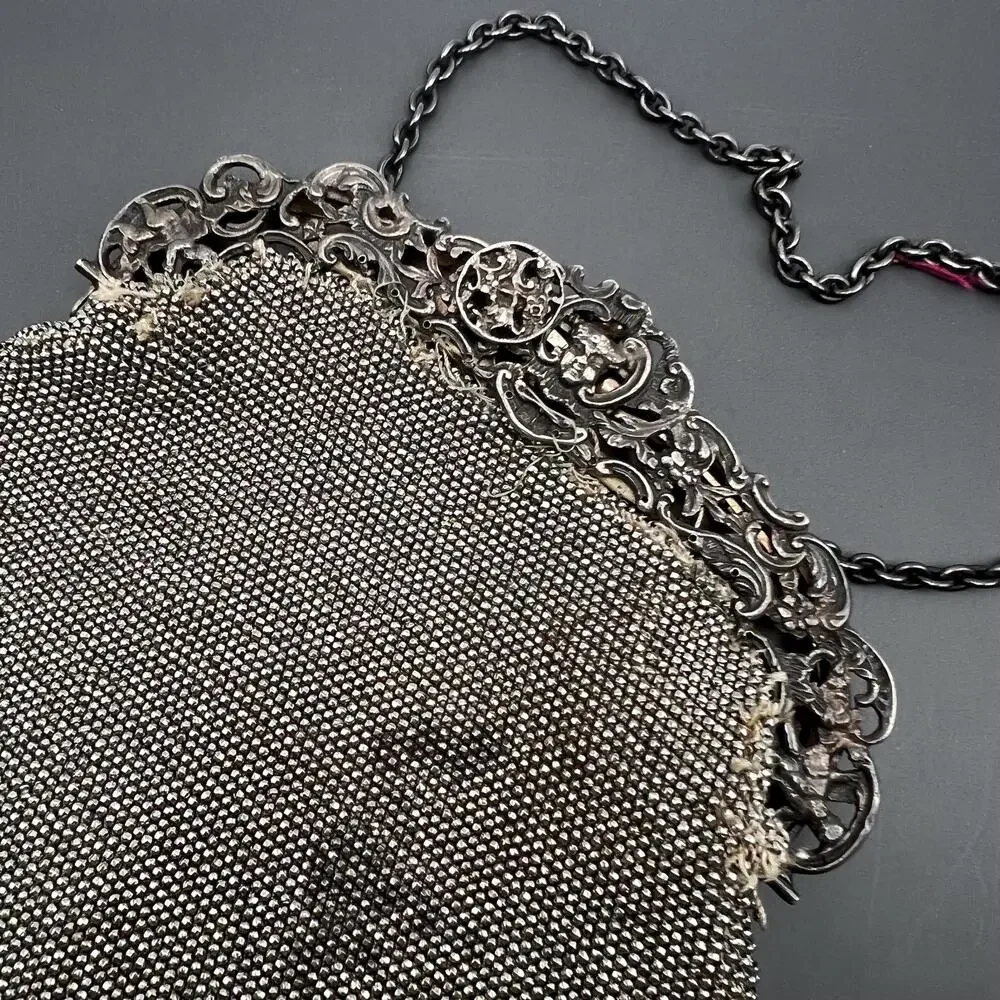 Antique Victorian Cut Steel Beaded sterling Silver Chatelaine Leather Clutch Pu